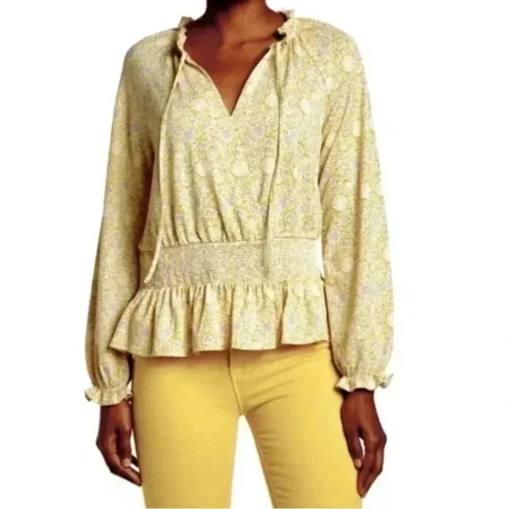 MELLODAY Yellow Peplum Tie Front Blouse top floral size Large